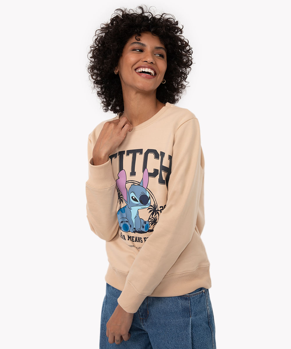 blusa de moletom stitch decote redondo kaki