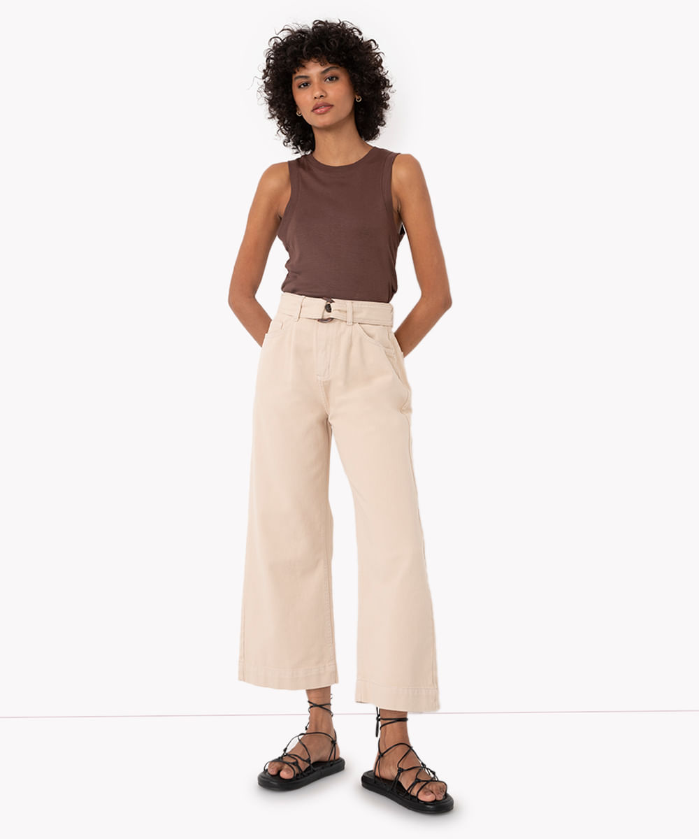 calça de sarja wide leg cropped cintura super alta com cinto kaki