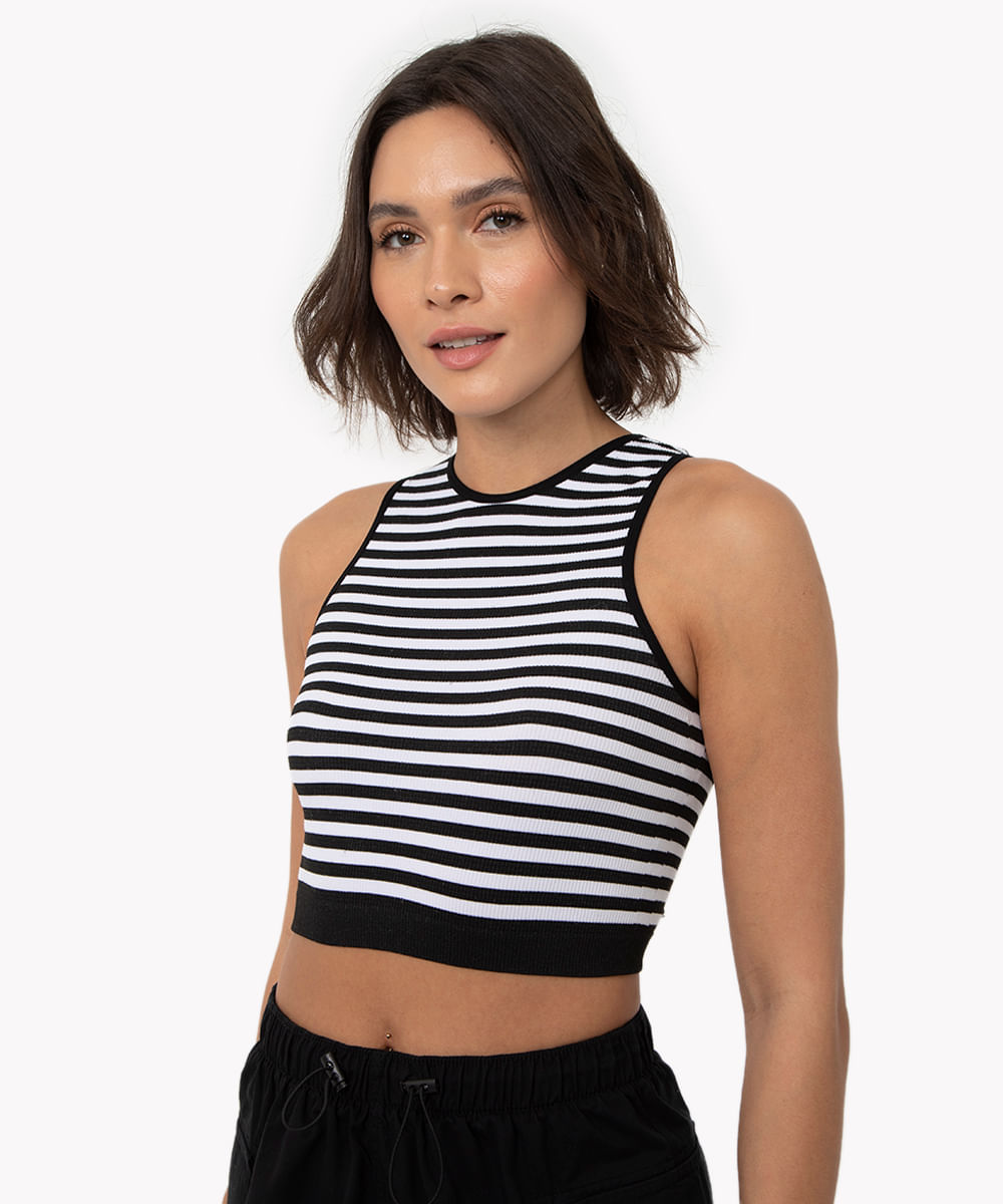 cropped de poliamida listrada decote halter preto