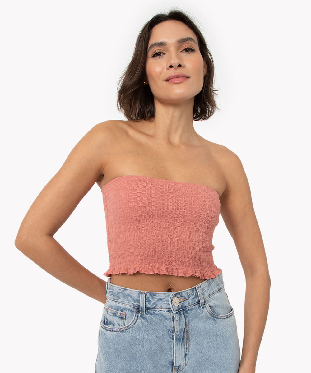 cropped faixa texturizada sem alça rosa claro