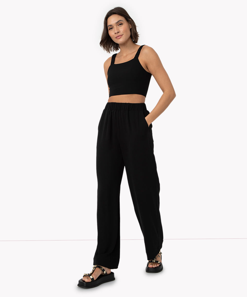 calça wide leg com cós elástico preto