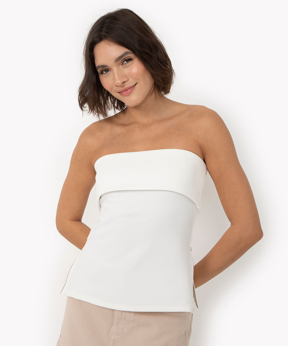 blusa sem alça com zíper lateral off white