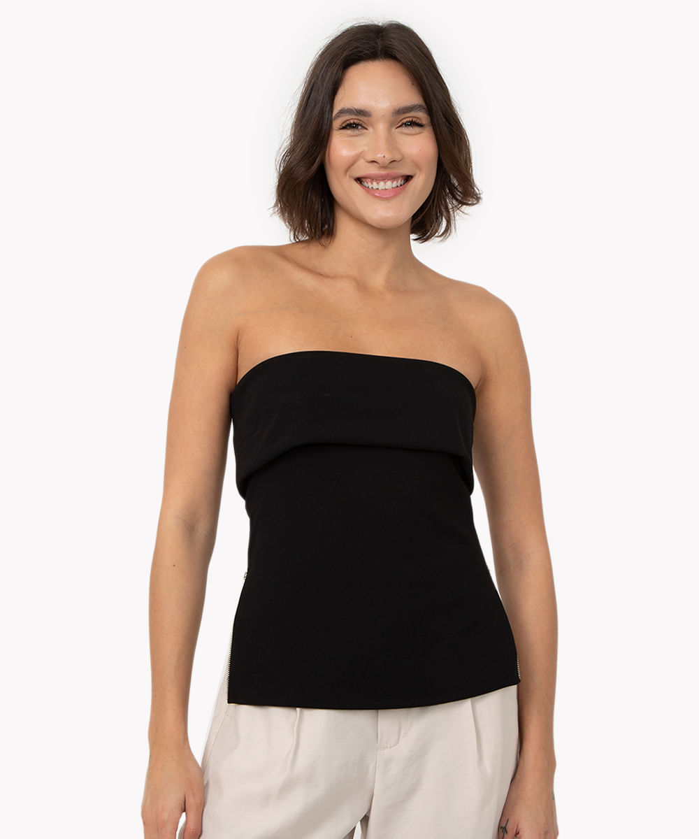 blusa sem alça com zíper lateral preto