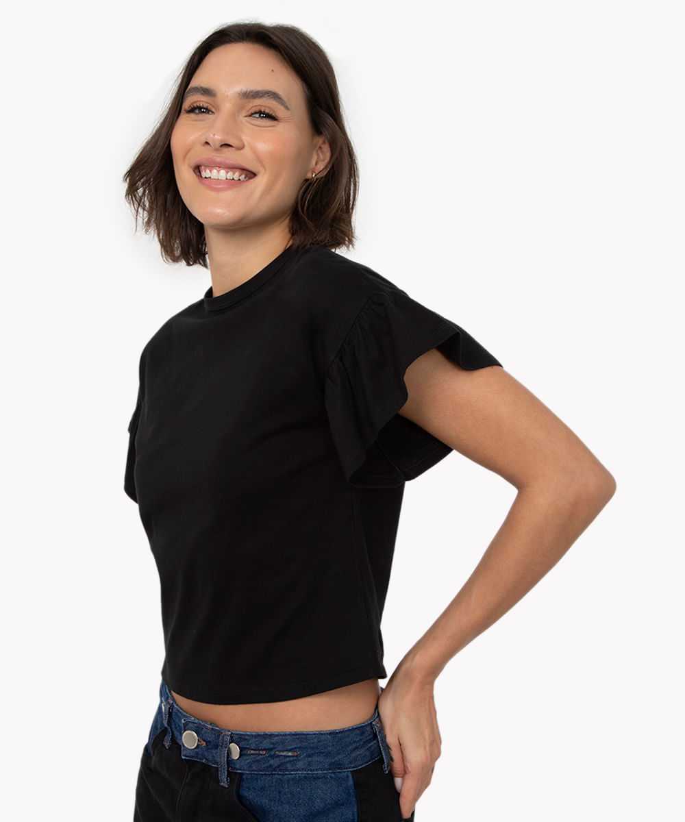 camiseta de algodão manga curta babado preto