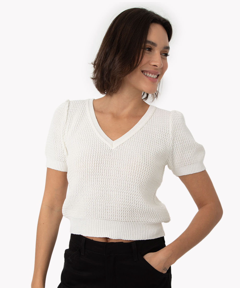 blusa de tricot decote v manga bufante off white