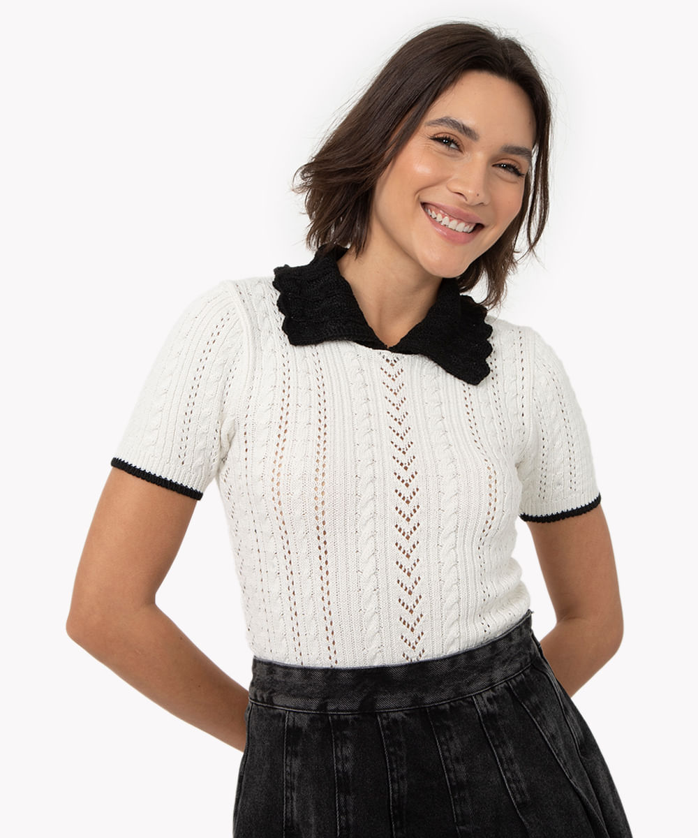 blusa de tricot texturizado gola boneca manga curta off white