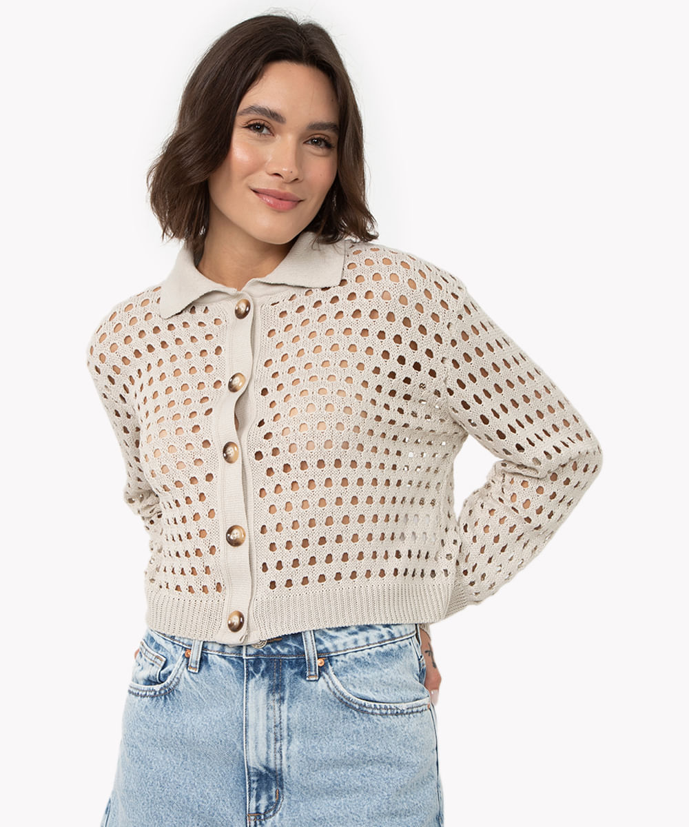 cardigan de tricot tela botões cru