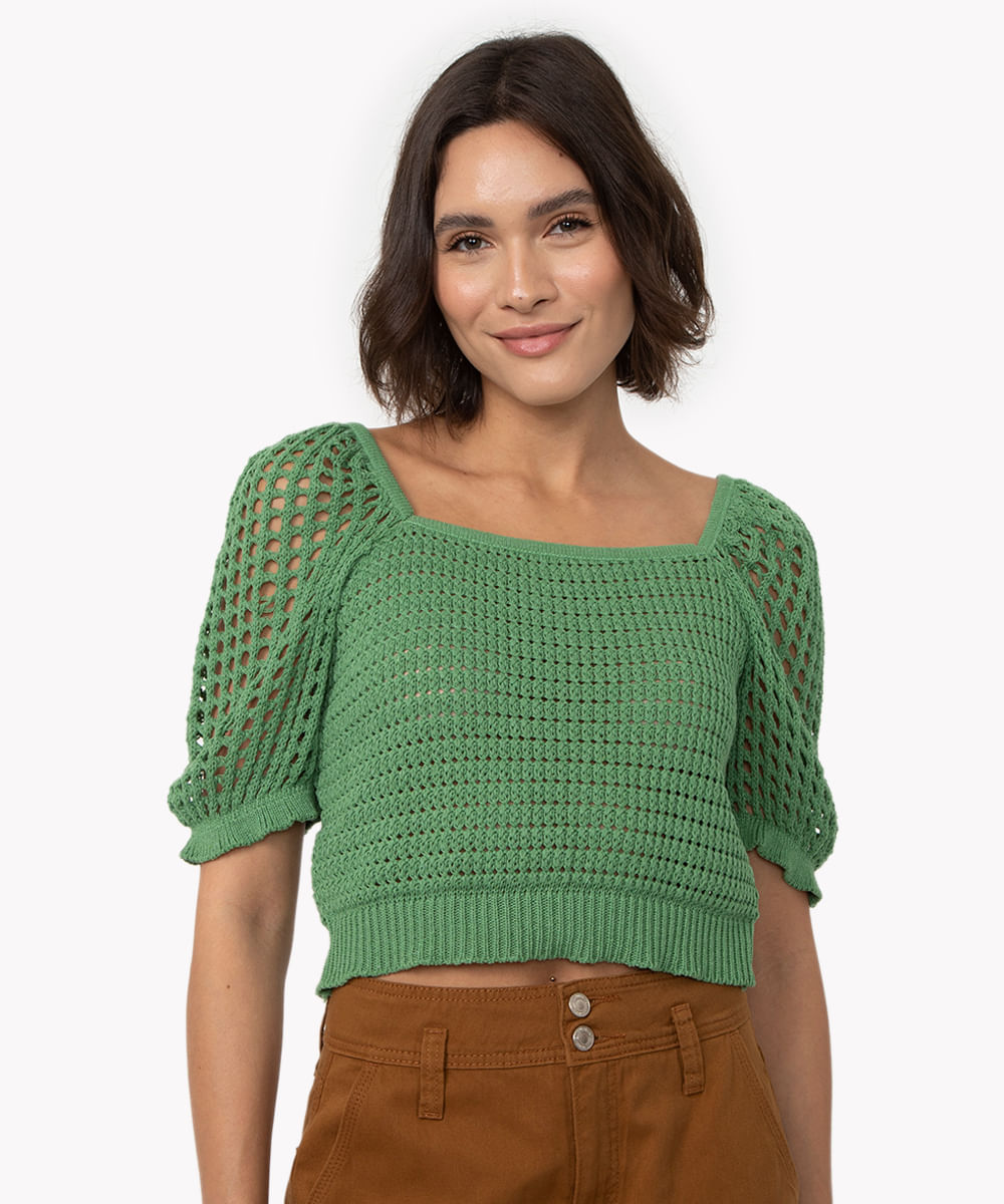 cropped de tricot manga bufante verde