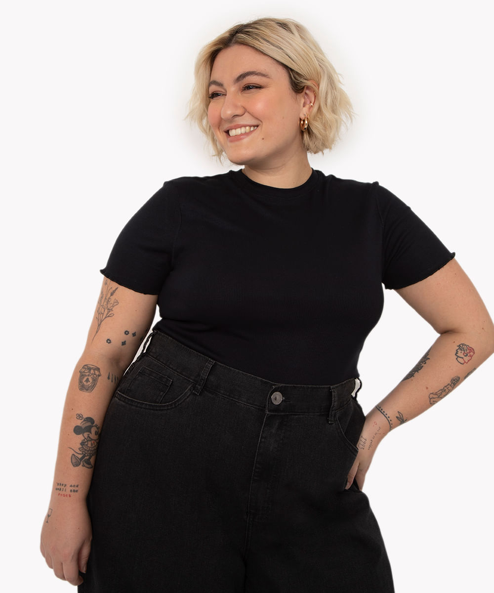 blusa plus size canelada gola alta fru fru preto