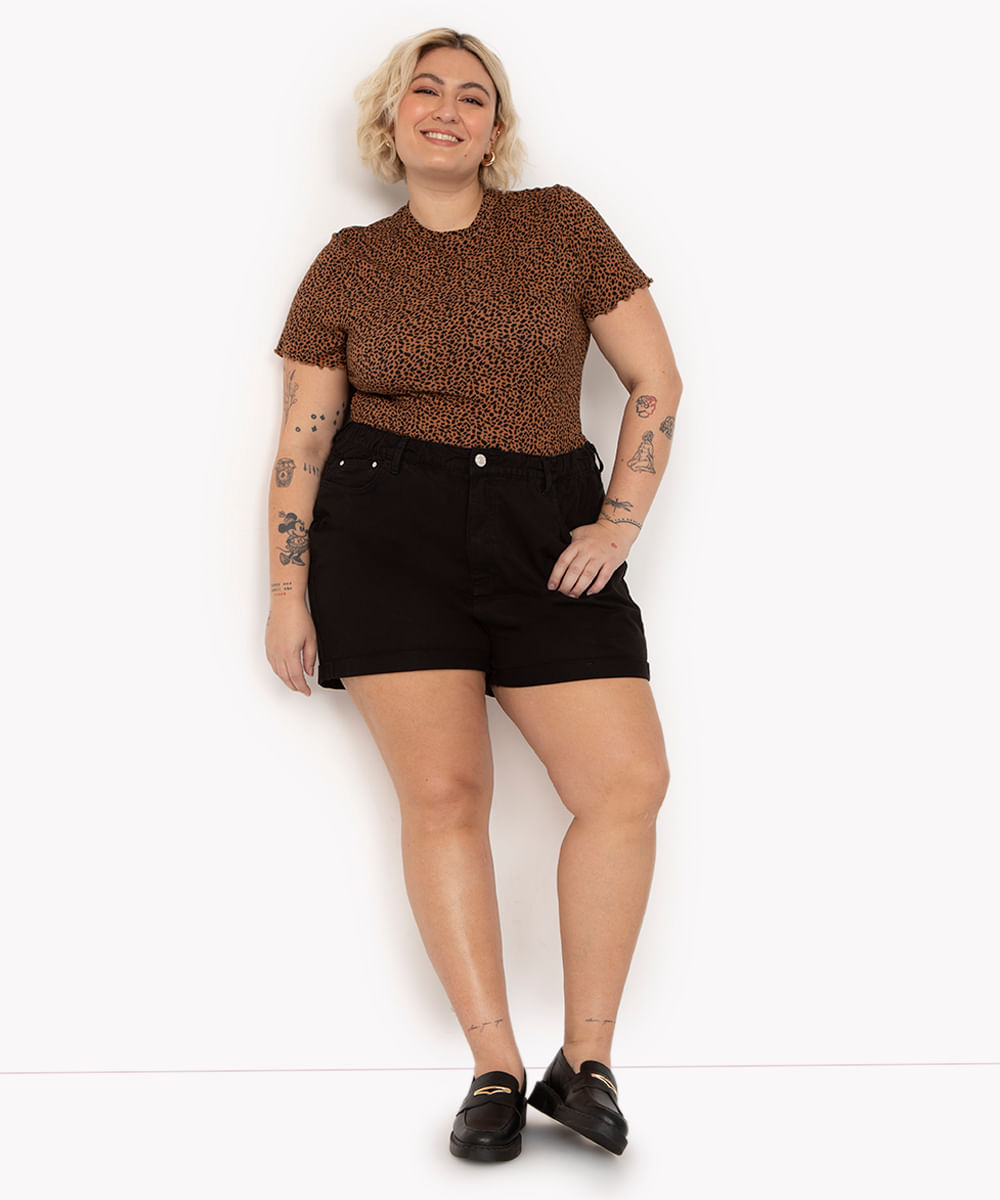 short de sarja plus size mom cintura super alta preto preto