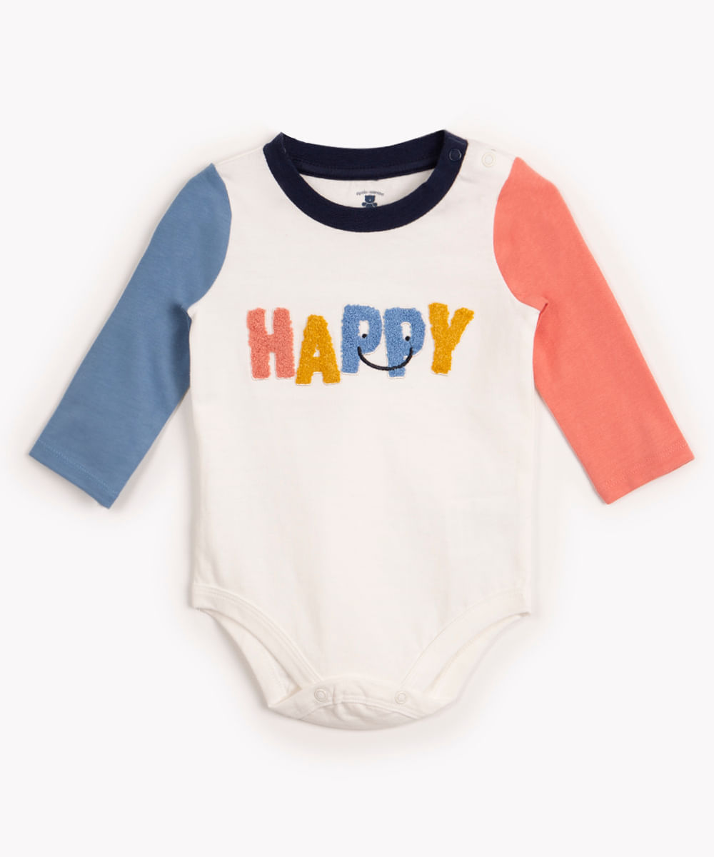 body de algodão infantil manga longa happy off white