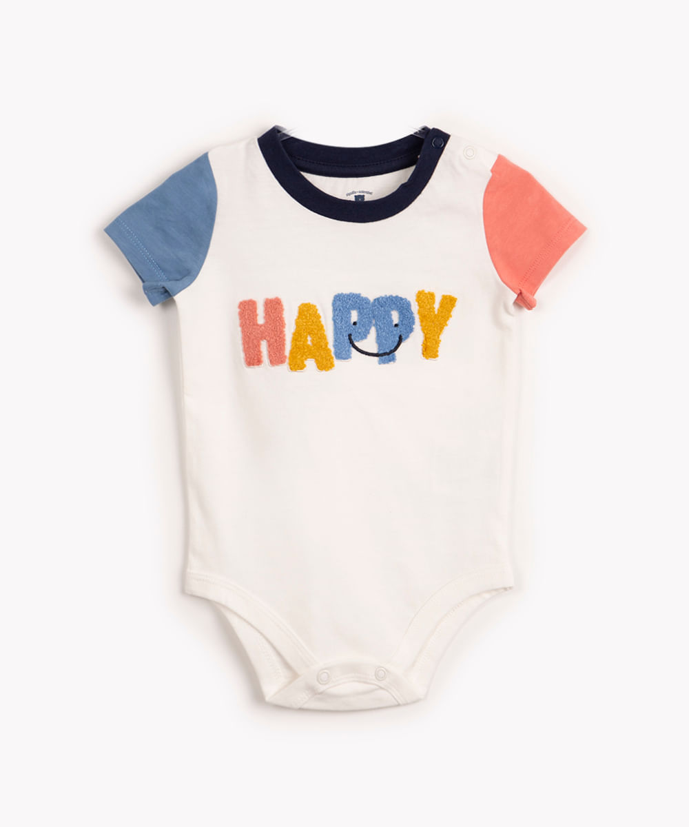 body de algodão infantil manga curta happy off white