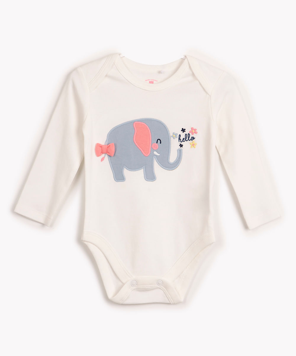 body de algodão infantil manga longa elefante off white