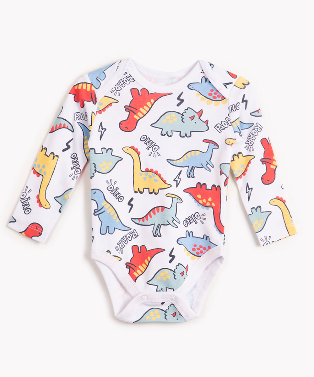 body de algodão infantil manga longa dinossauro off white