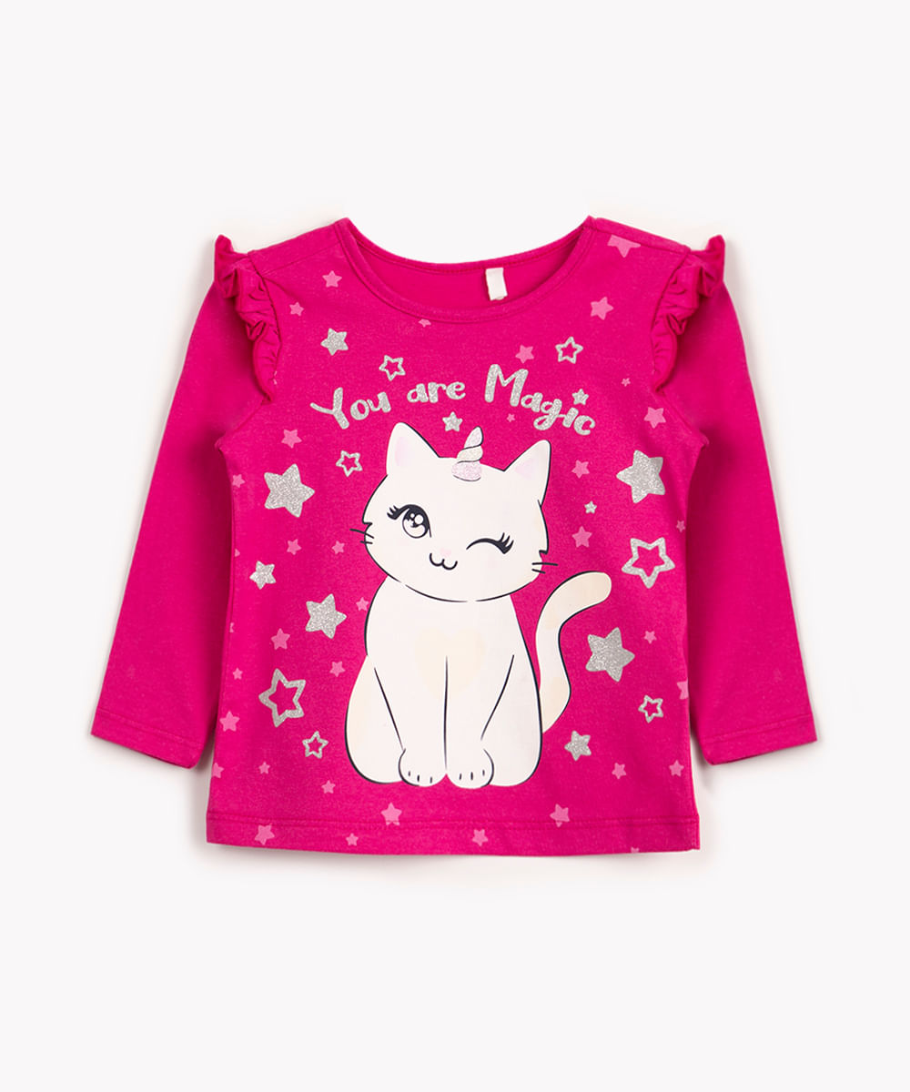 blusa infantil manga longa gatinha rosa escuro