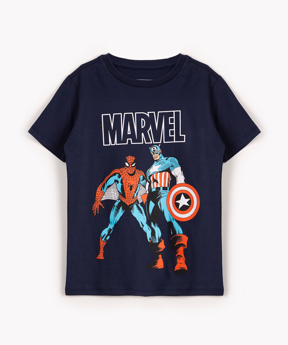 camiseta de algodão infantil manga curta homem aranha e capitão américa azul marinho