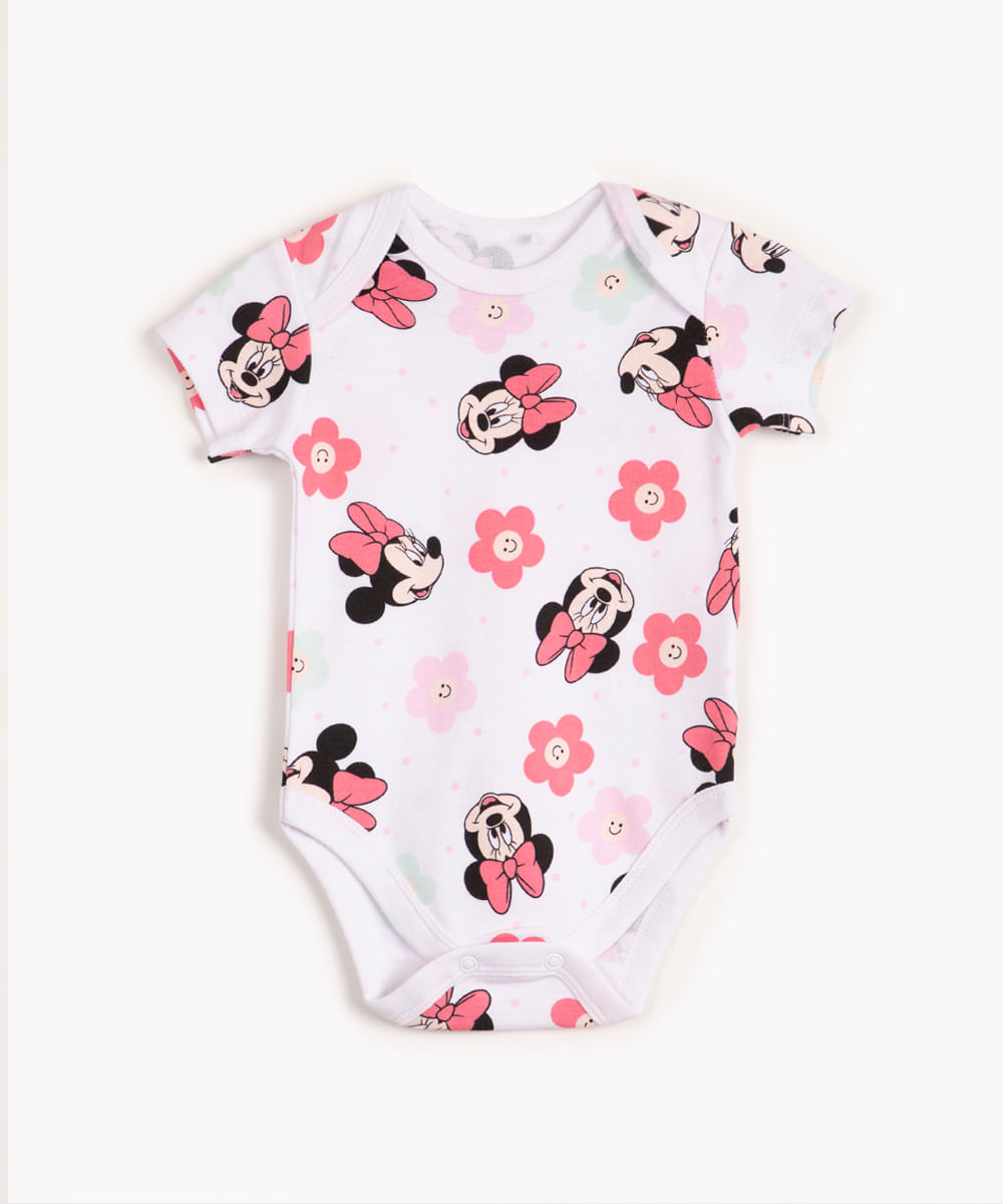 body de algodão infantil manga curta minnie mouse off white