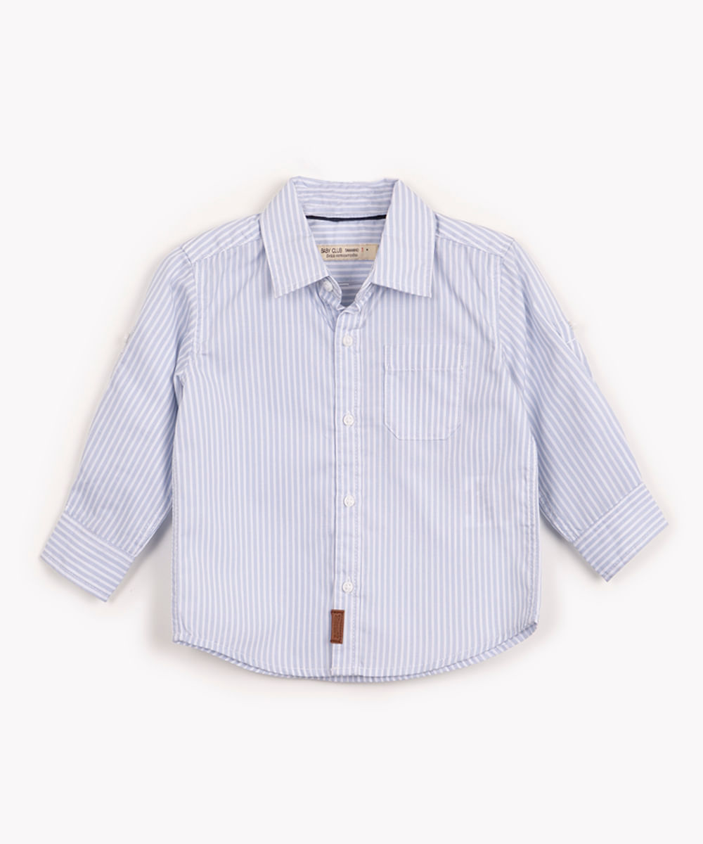 camisa infantil listrada com bolso azul claro