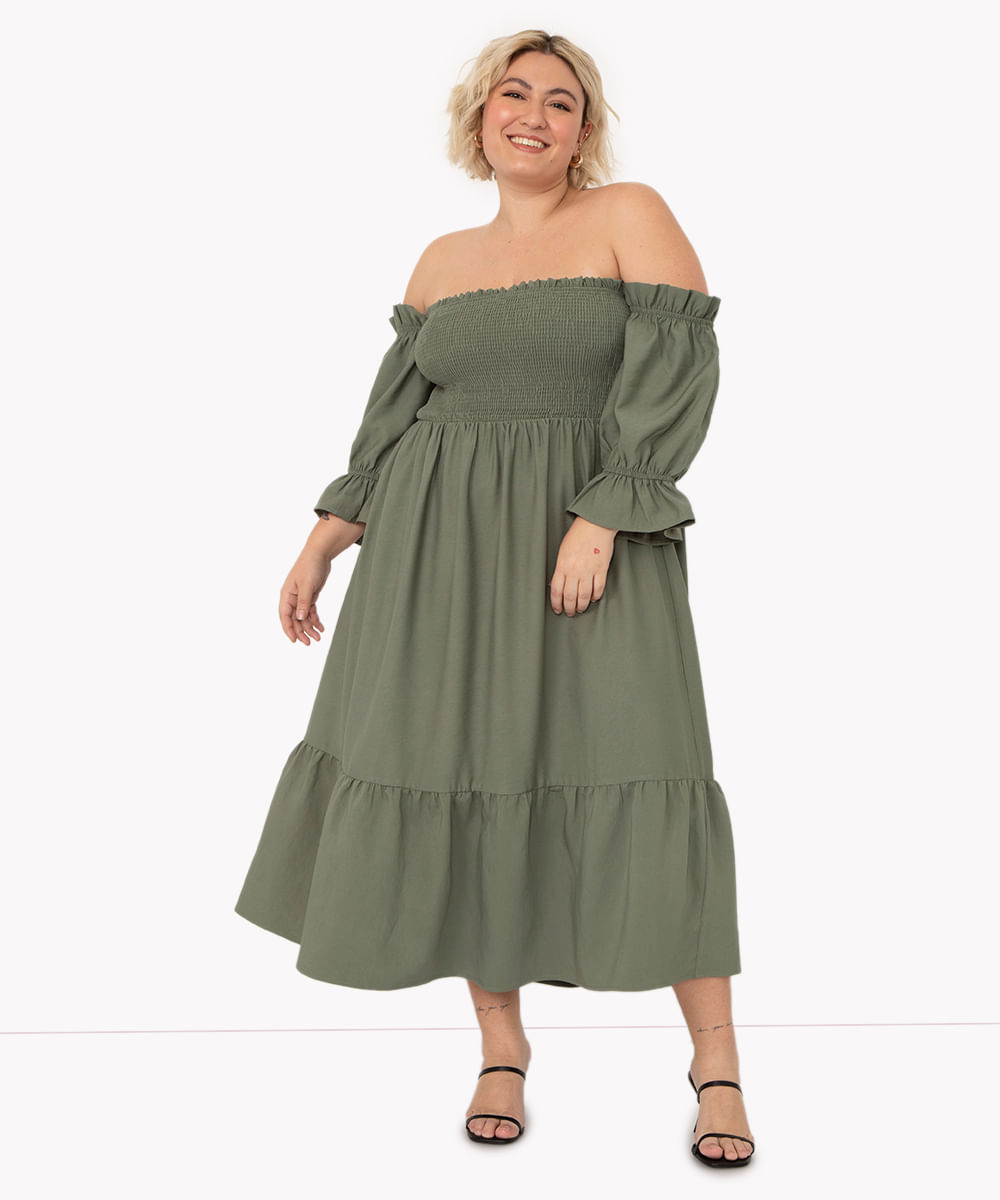 vestido midi de viscose plus size ombro a ombro verde militar