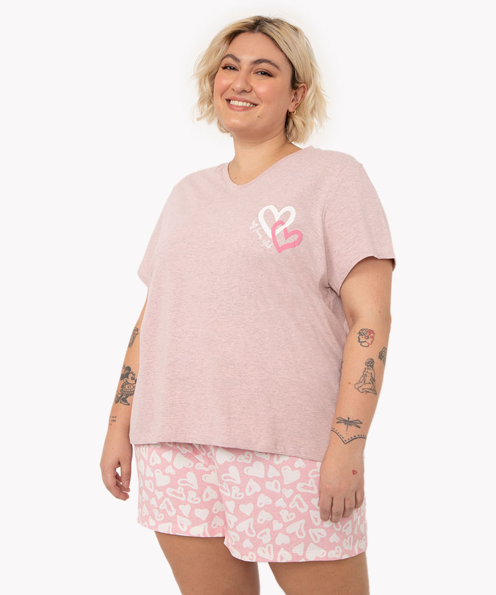 pijama curto de algodão plus size corações rosa