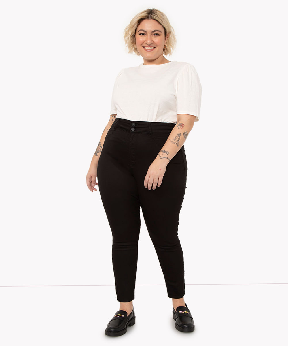 calça de sarja plus size pull up cintura super alta preto