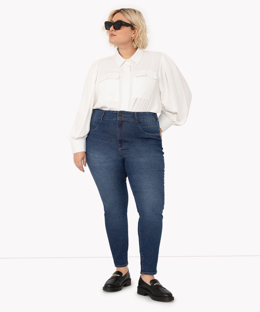 calça jeans plus size pull up cintura super alta azul médio