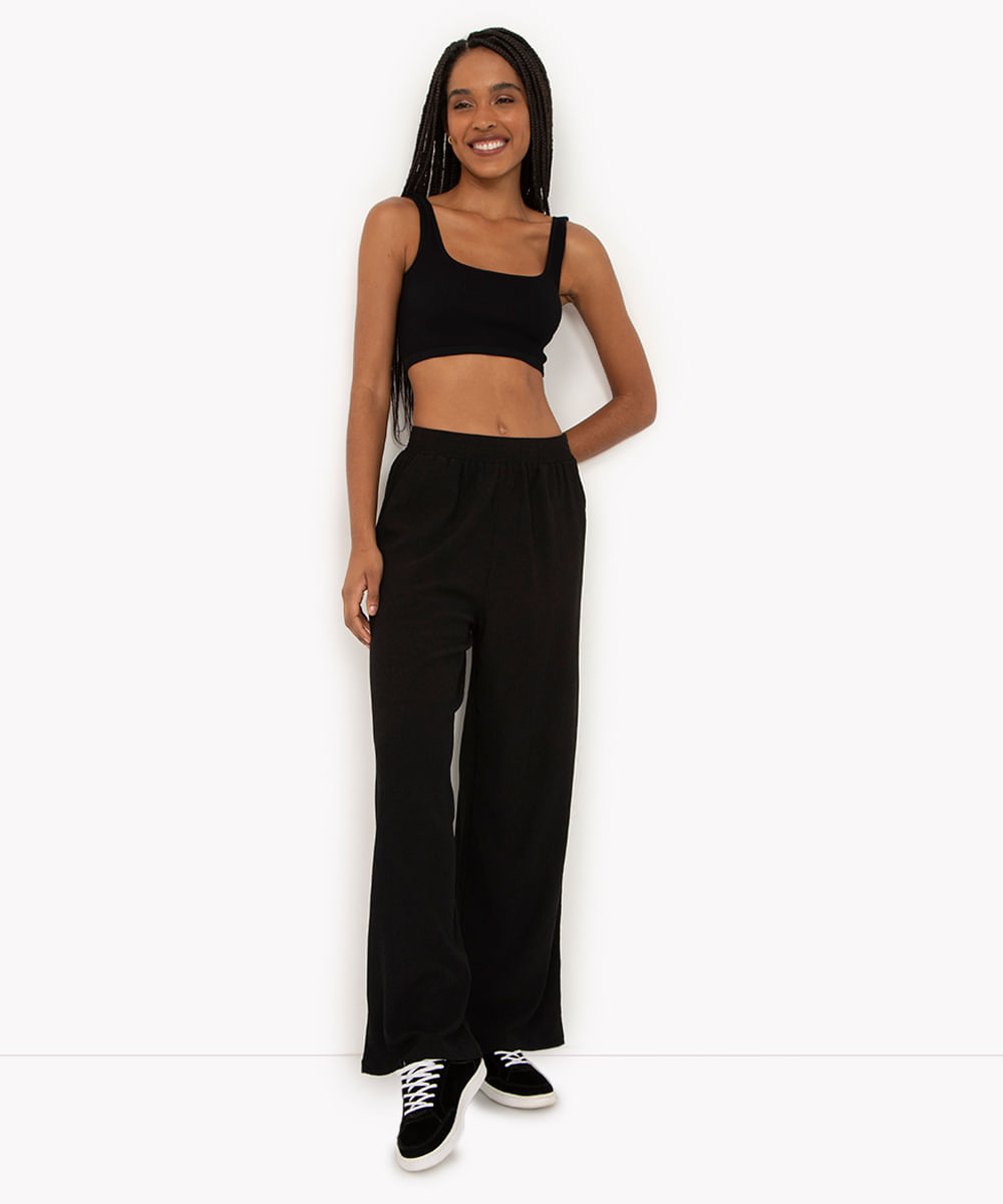 calça wide leg de malha texturizada preto