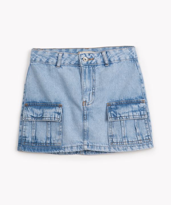 saia jeans juvenil cargo azul médio 16