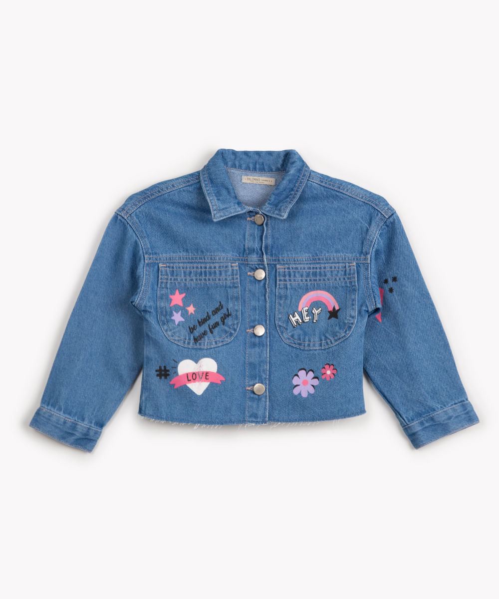 jaqueta jeans infantil cropped grafitti azul médio