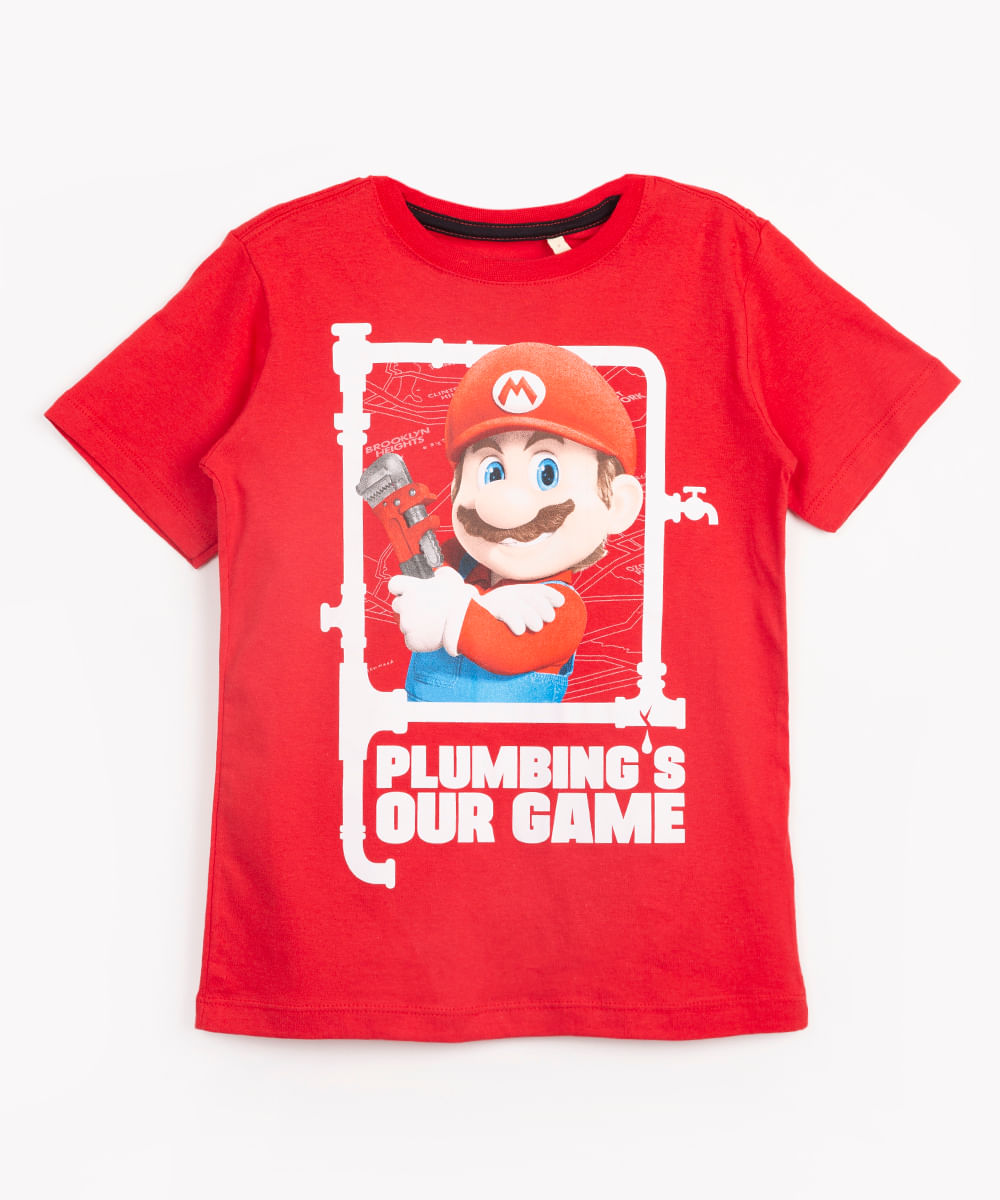 camiseta infantil de algodão mario bros manga curta vermelho