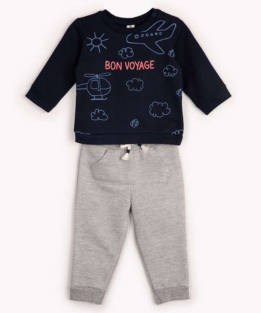 conjunto infantil de moletom bon voyage azul marinho