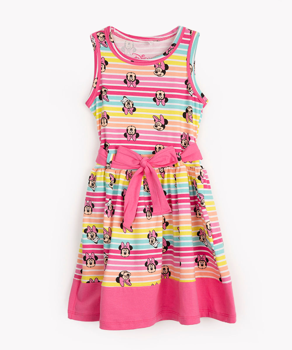 vestido infantil evasê com cinto laço minnie mouse colorido