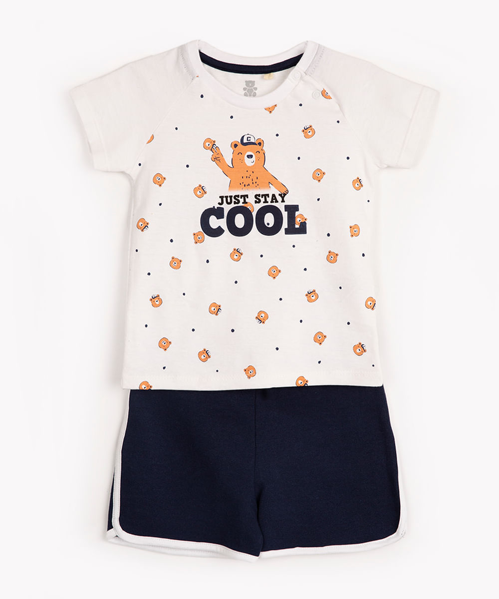 conjunto infantil manga curta com short urso off white