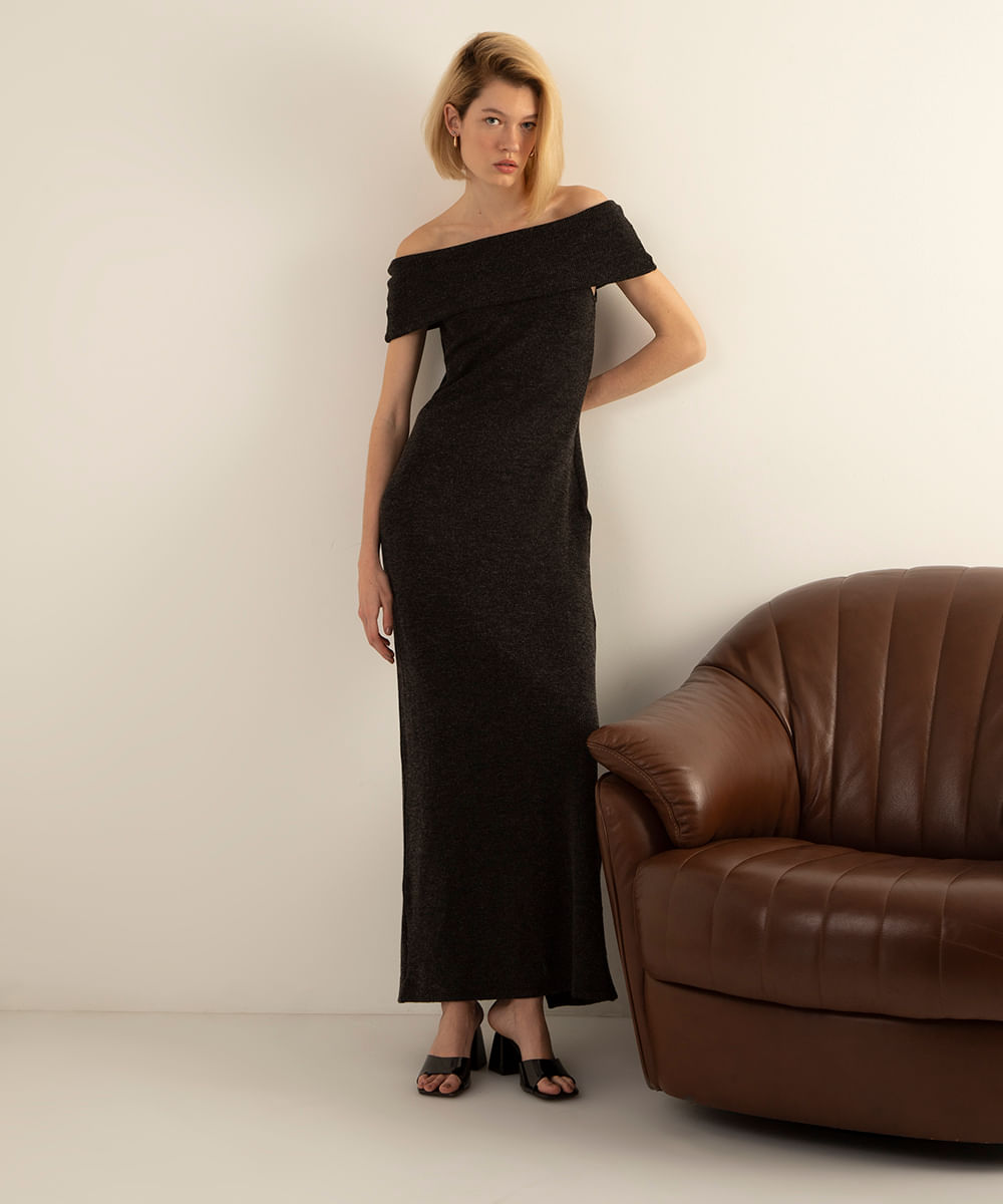 vestido longo de tricot decote ombro a ombro mindset preto