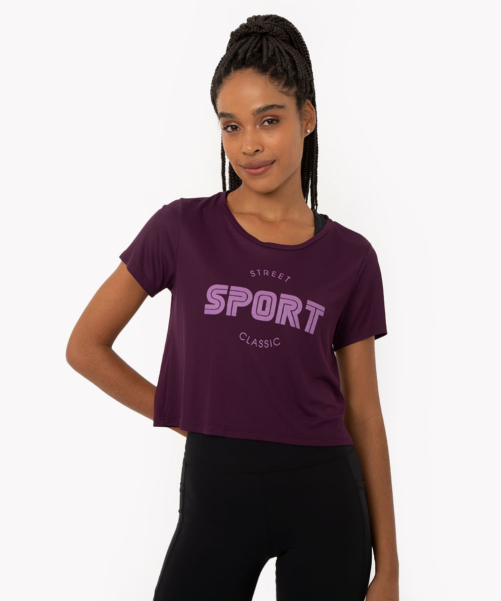 blusa cropped sport manga curta roxo uva