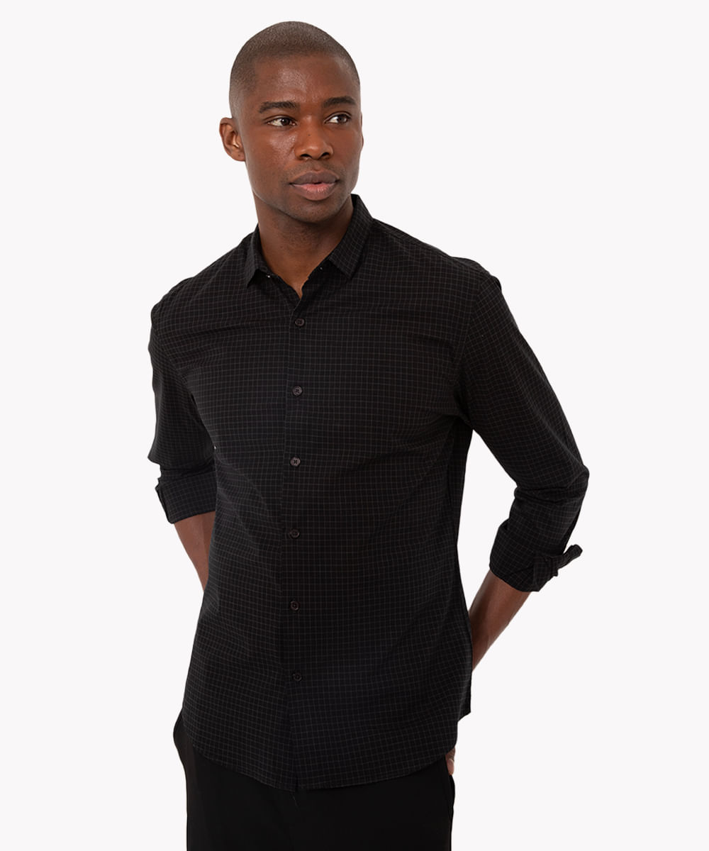 camisa slim fit xadrez manga longa preto