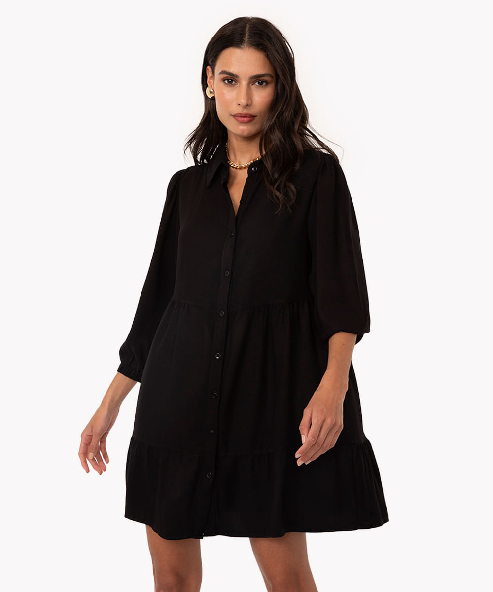 vestido chemise curto de viscose com recortes manga longa preto