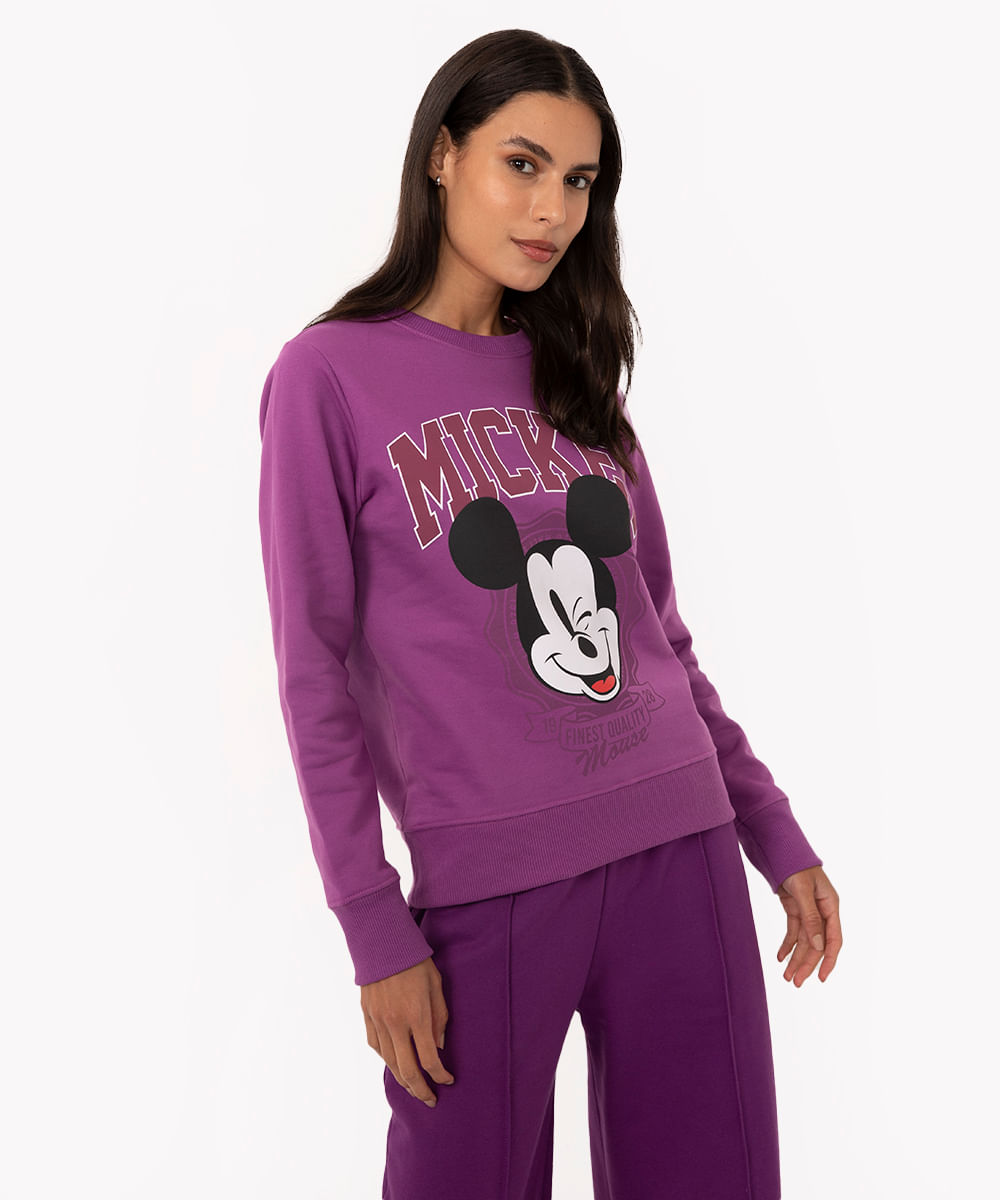 blusa de moletom mickey manga longa roxo