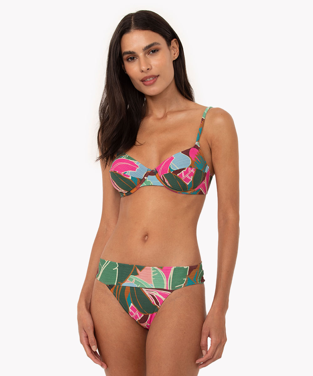 biquini calcinha tanga floral com pala proteção uv rosa