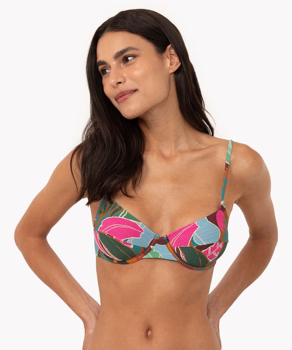 biquini top floral meia taça com bojo e aro proteção uv rosa M