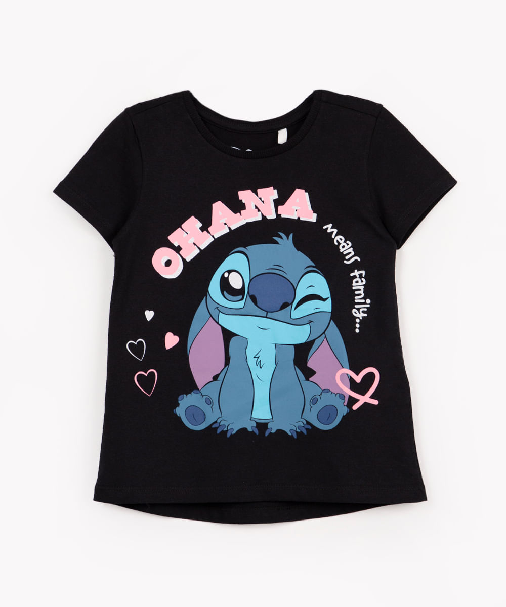 camiseta infantil stitch ohana manga curta preto