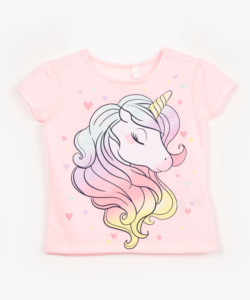 camiseta infantil juju unicórnio glitter manga curta rosa