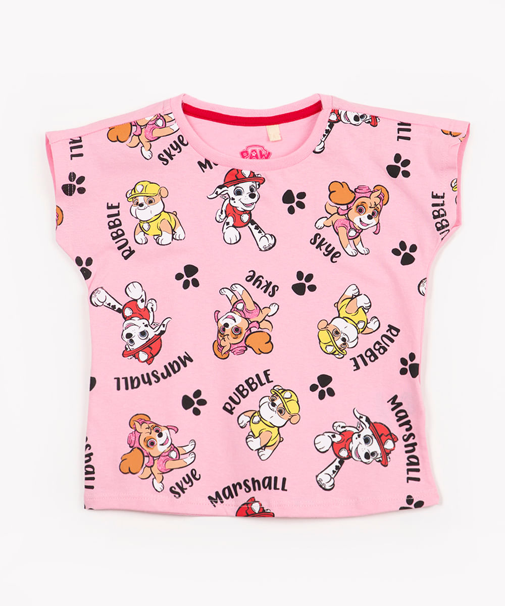 camiseta infantil de algodão patrulha canina manga curta rosa