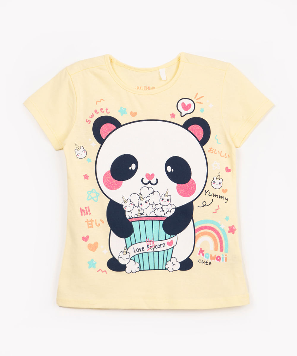 camiseta infantil de algodão panda balde de unicórnios manga curta amarelo