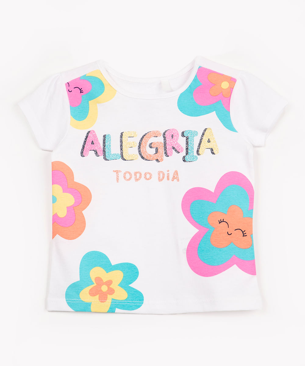 camiseta infantil de algodão juju flores manga curta off white