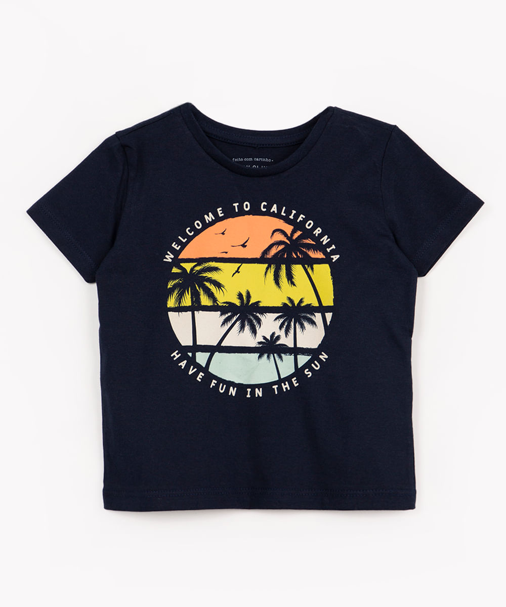 camiseta infantil de algodão coqueiros manga curta azul marinho