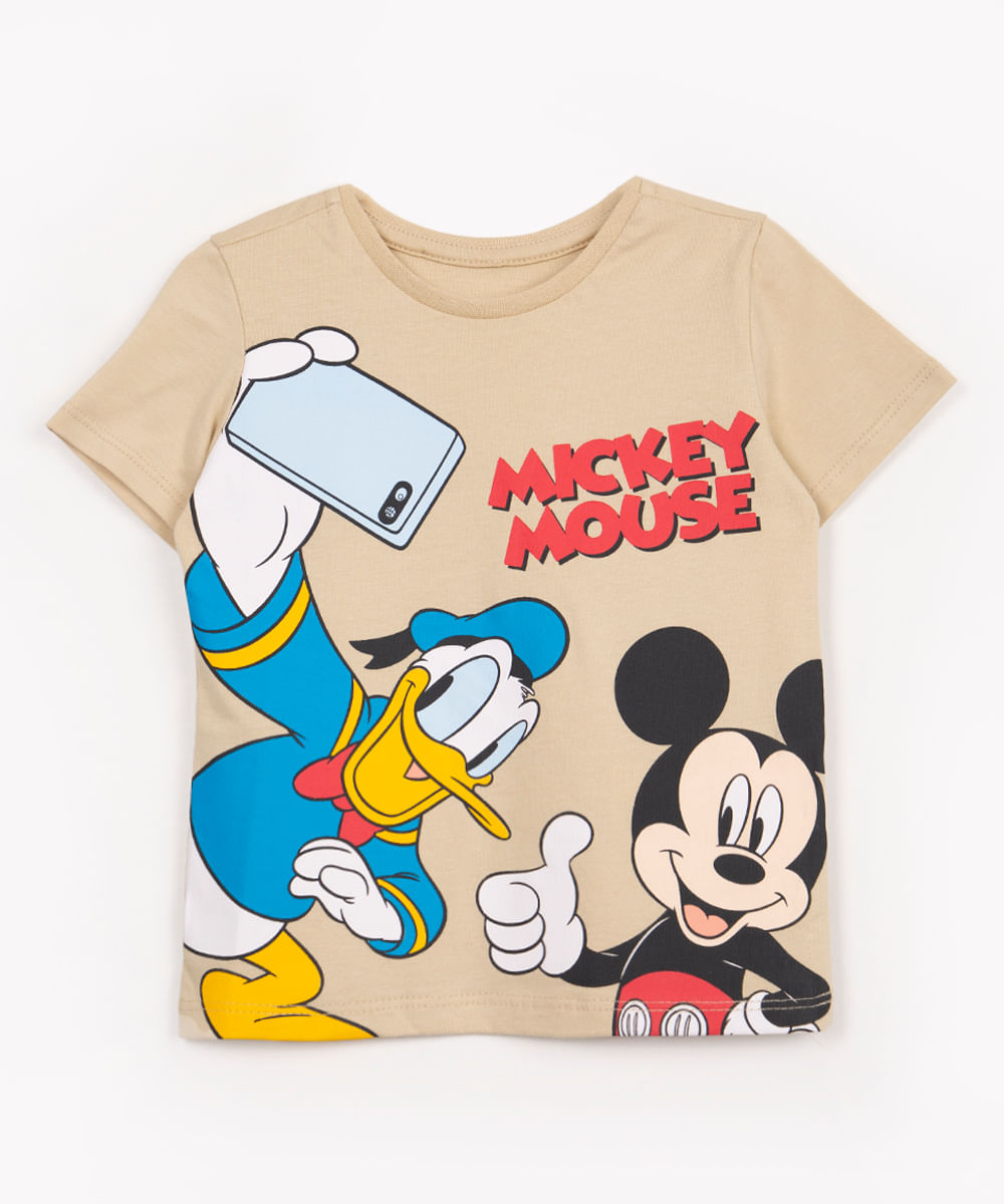 camiseta infantil de algodão selfie mickey e pato donald manga curta kaki