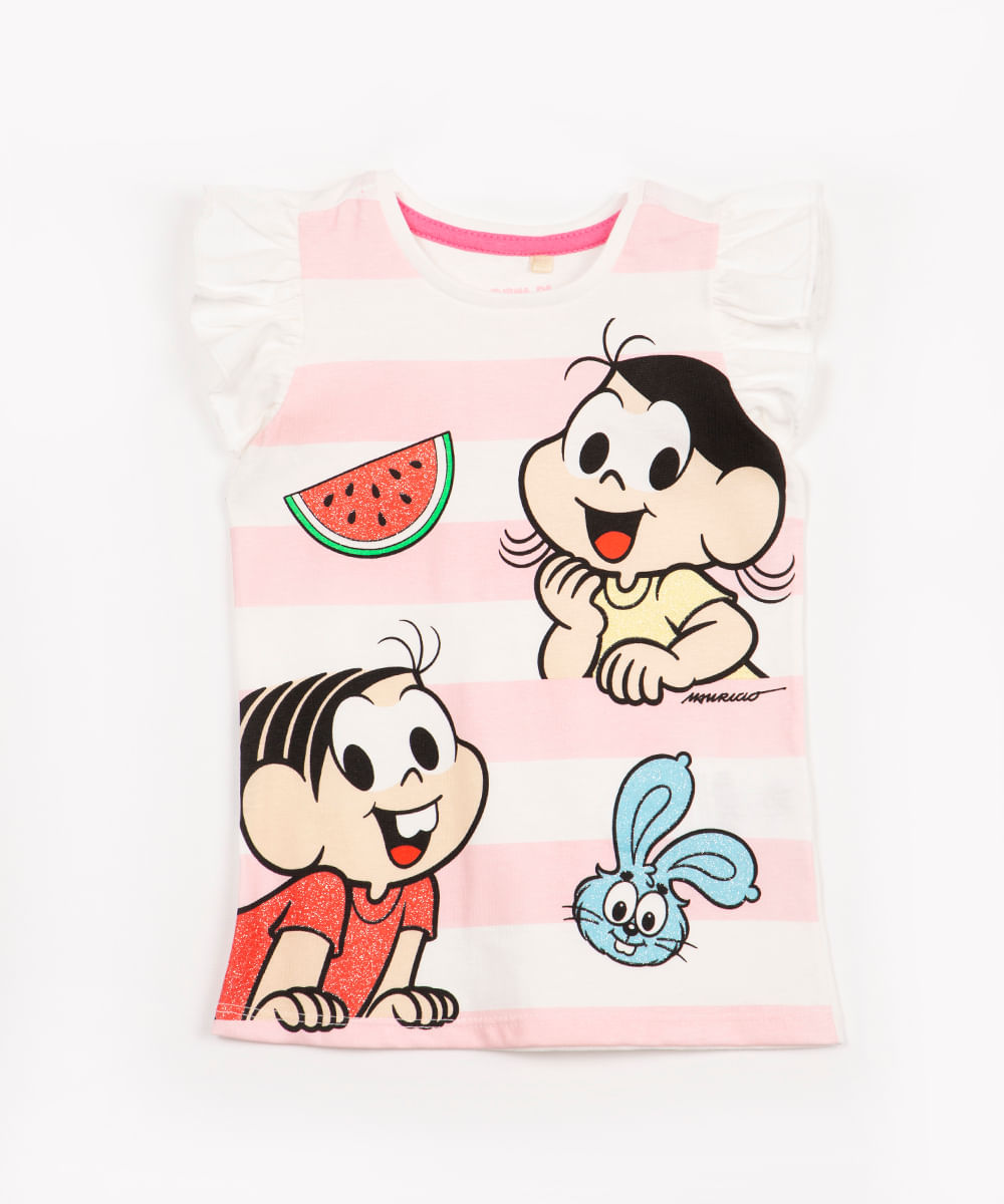 blusa infantil turma da mônica listras manga curta off white