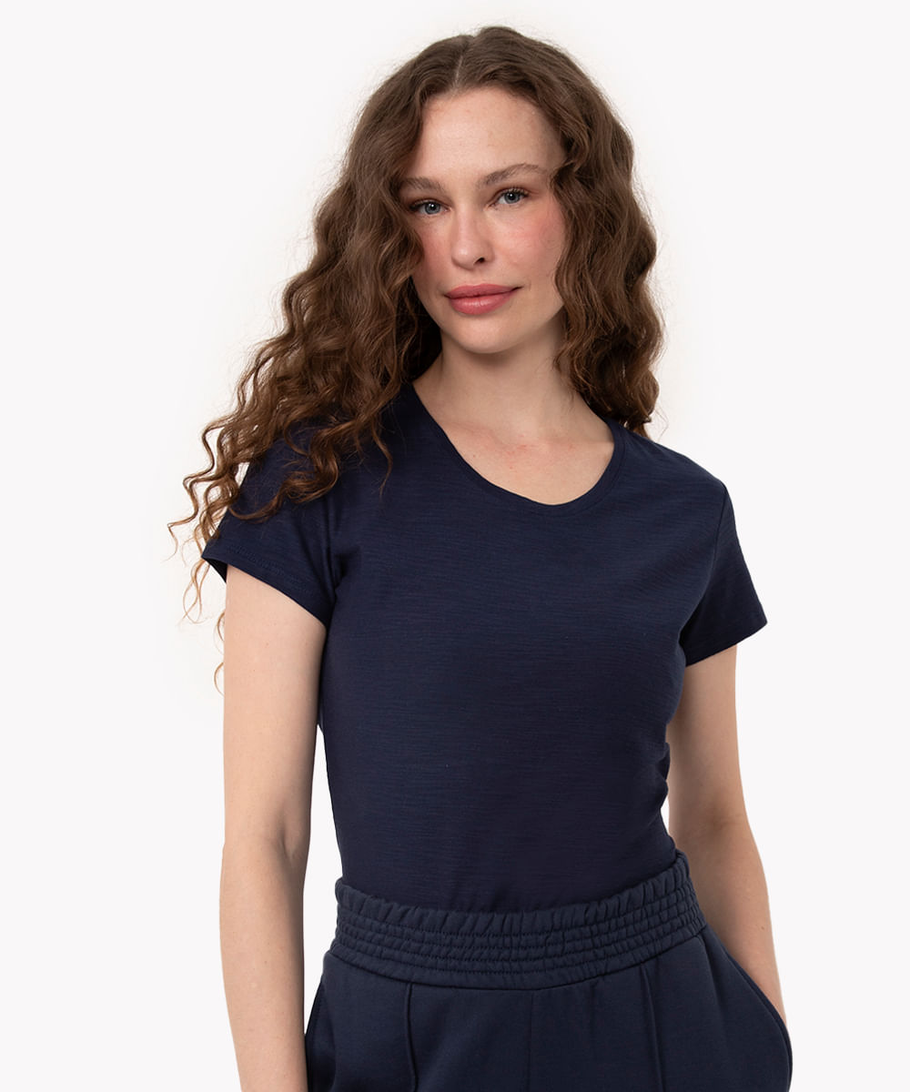 camiseta de flamê básica manga curta decote redondo azul marinho