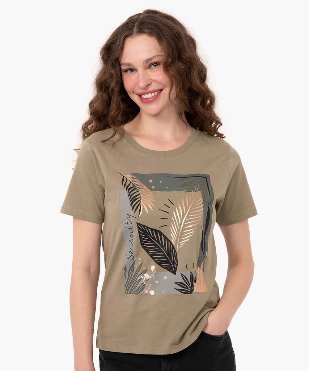 camiseta de algodão folhagem com brilho manga curta verde militar